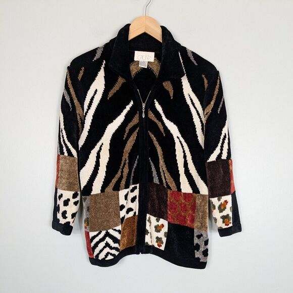 Vintage Cache Cardigan Sweater Full Zip Animal Print Velour Mob Wife Black Tan M - Picture 4 of 12